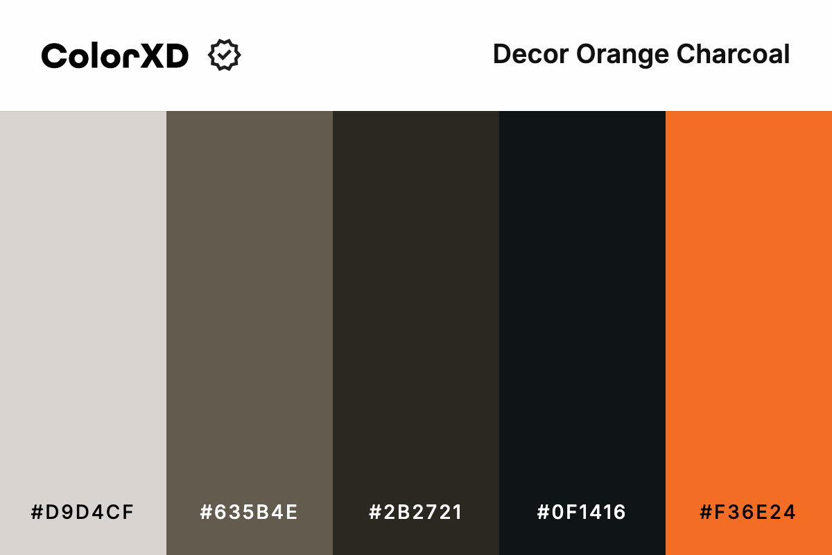 Decor Orange Charcoal Color Palette - #D9D4CF, #635B4E, #2B2721, #0F1416, #F36E24