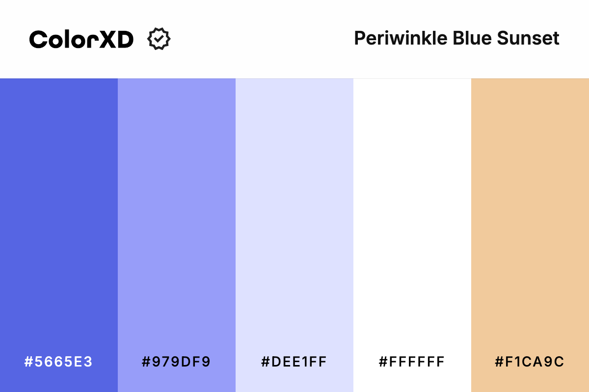 Periwinkle Blue Sunset Color Palette - #5665E3, #979DF9, #DEE1FF, #FFFFFF, #F1CA9C