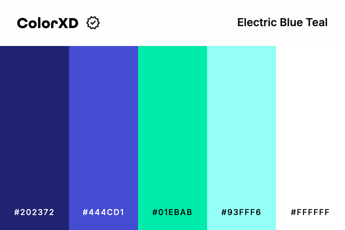electric blue teal - Color Palette with hex codes: 202372, 444cd1, 01ebab, 93fff6, ffffff