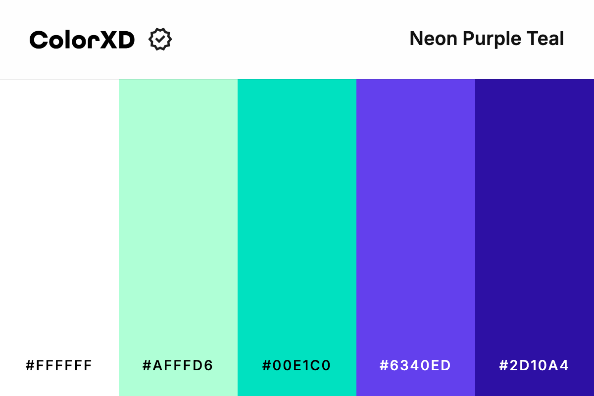 Neon Purple Teal Color Palette - #FFFFFF, #AFFFD6, #00E1C0, #6340ED, #2D10A4