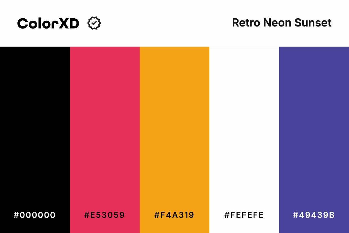 Retro Neon Sunset Color Palette - #000000, #E53059, #F4A319, #FEFEFE, #49439B