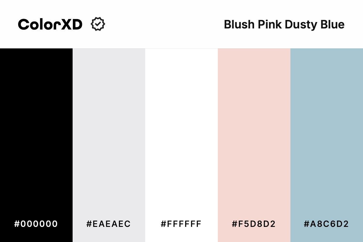 blush pink dusty blue - Color Palette with hex codes: 000000, eaeaec, ffffff, f5d8d2, a8c6d2