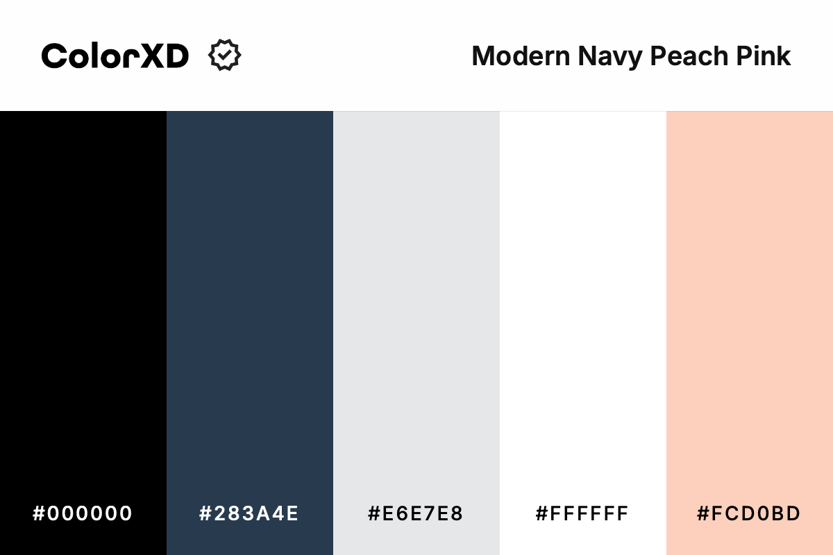 modern navy peach pink - Color Palette with hex codes: 000000, 283a4e, e6e7e8, ffffff, fcd0bd