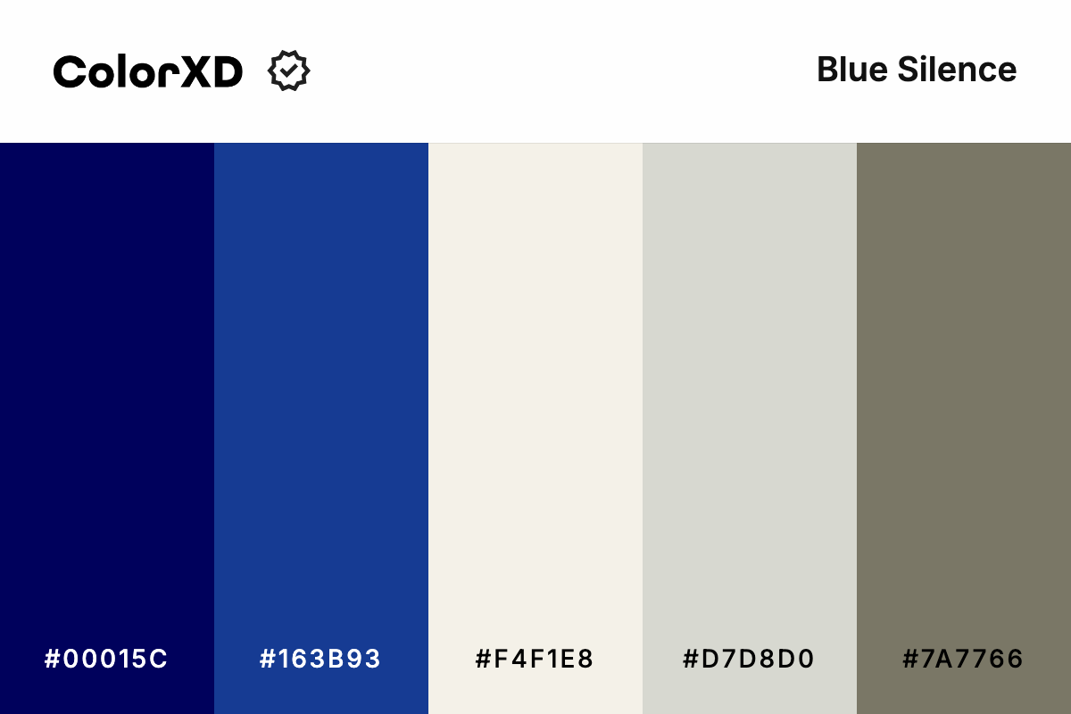 blue silence - Color Palette with hex codes: 00015c, 163b93, f4f1e8, d7d8d0, 7a7766