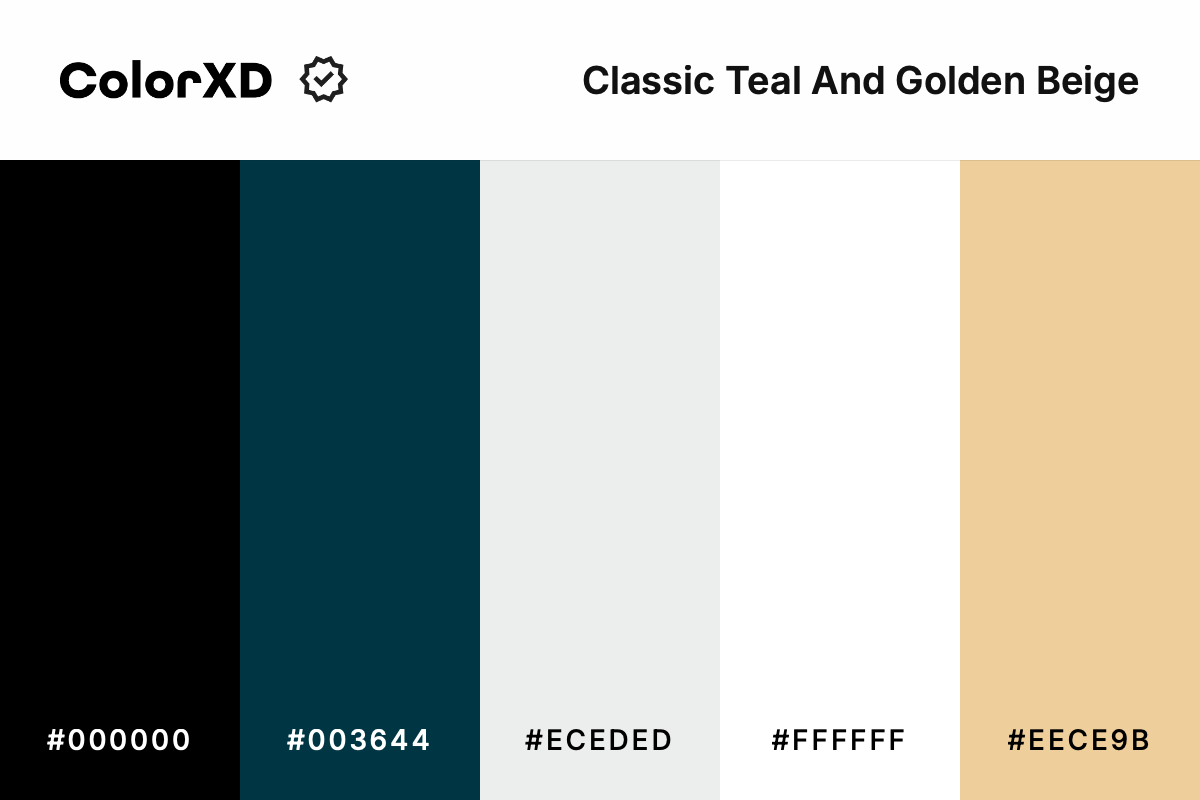 classic teal and golden beige - Color Palette with hex codes: 000000, 003644, eceded, ffffff, eece9b
