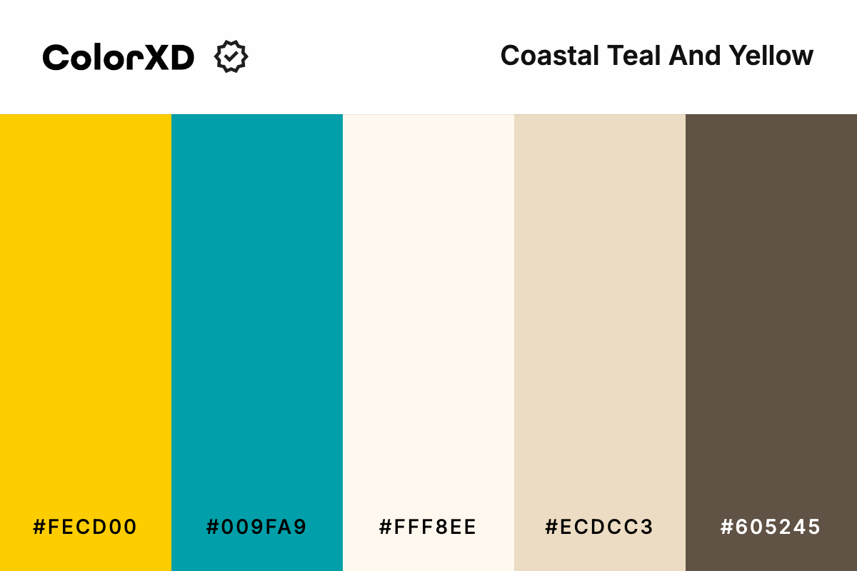 Coastal Teal And Yellow Color Palette - #FECD00, #009FA9, #FFF8EE, #ECDCC3, #605245