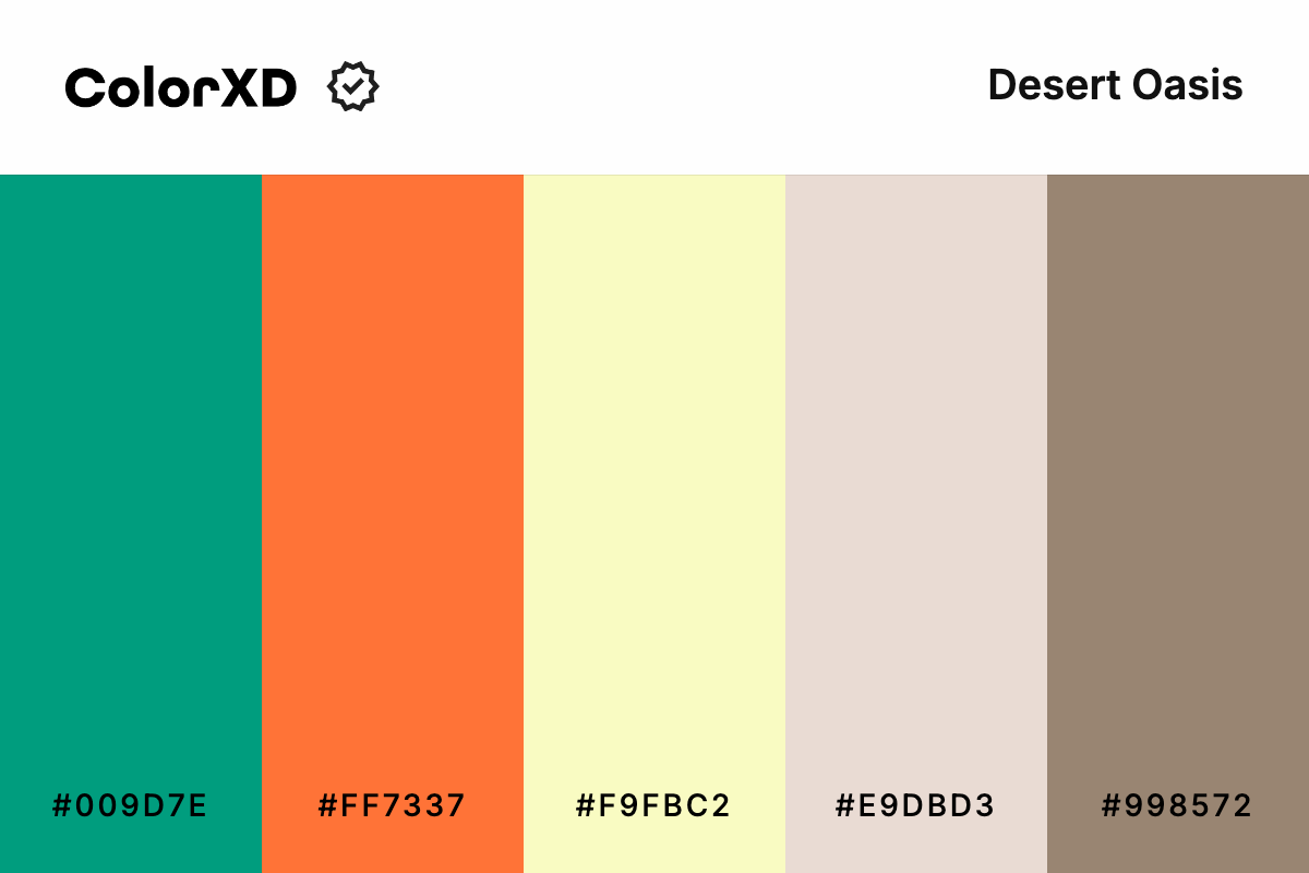 desert oasis - Color Palette with hex codes: 009d7e, ff7337, f9fbc2, e9dbd3, 998572