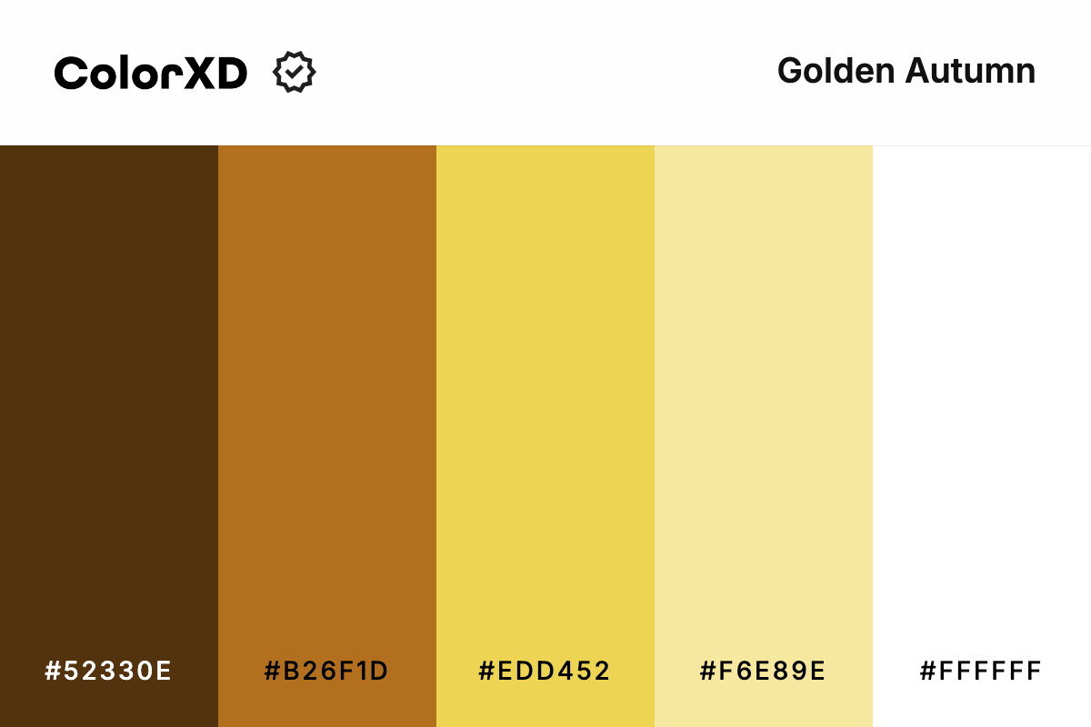 golden autumn - Color Palette with hex codes: 52330e, b26f1d, edd452, f6e89e, ffffff