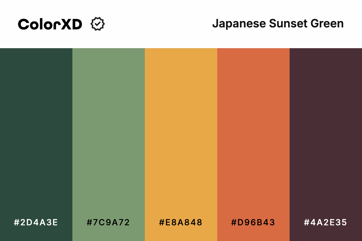 Japanese Sunset Green Color Palette - #2D4A3E, #7C9A72, #E8A848, #D96B43, #4A2E35