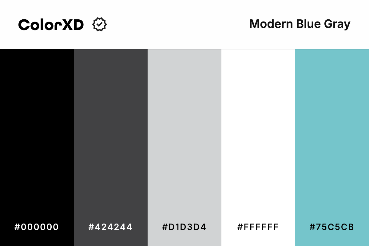 modern blue gray - Color Palette with hex codes: 000000, 424244, d1d3d4, ffffff, 75c5cb