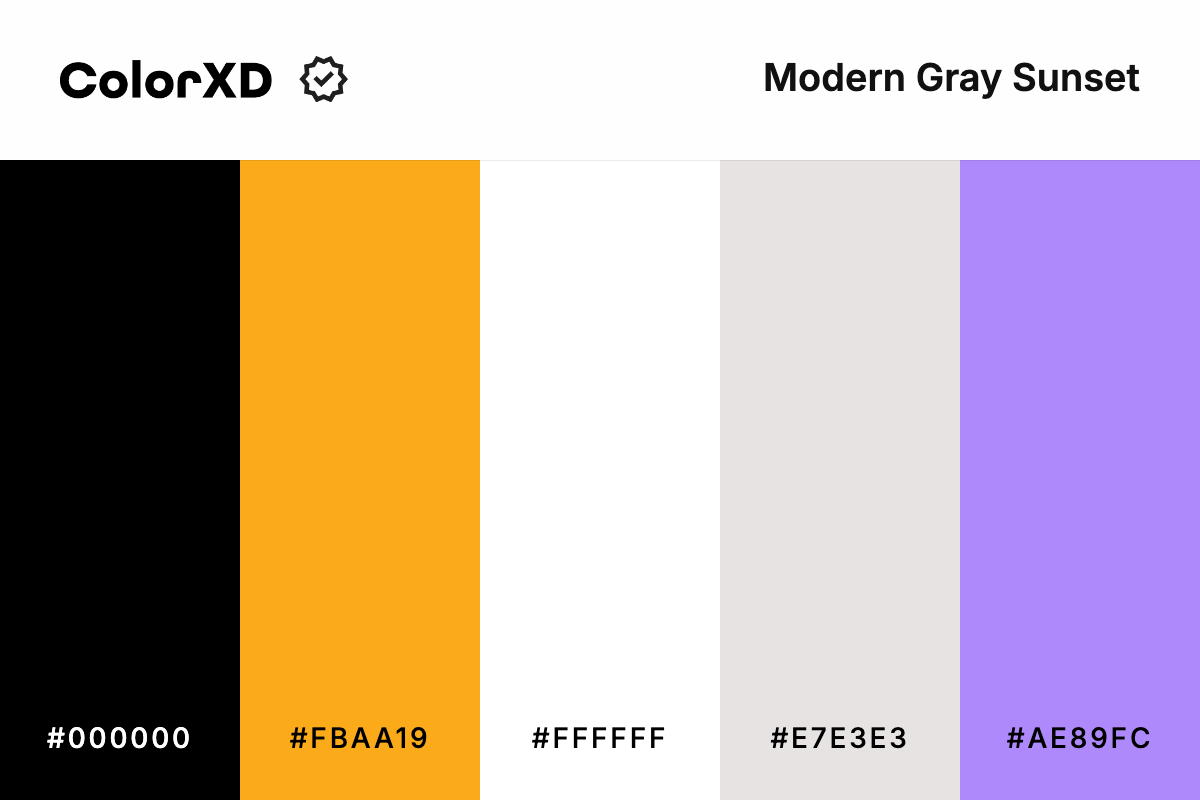 Modern Gray Sunset Color Palette - #000000, #FBAA19, #FFFFFF, #E7E3E3, #AE89FC