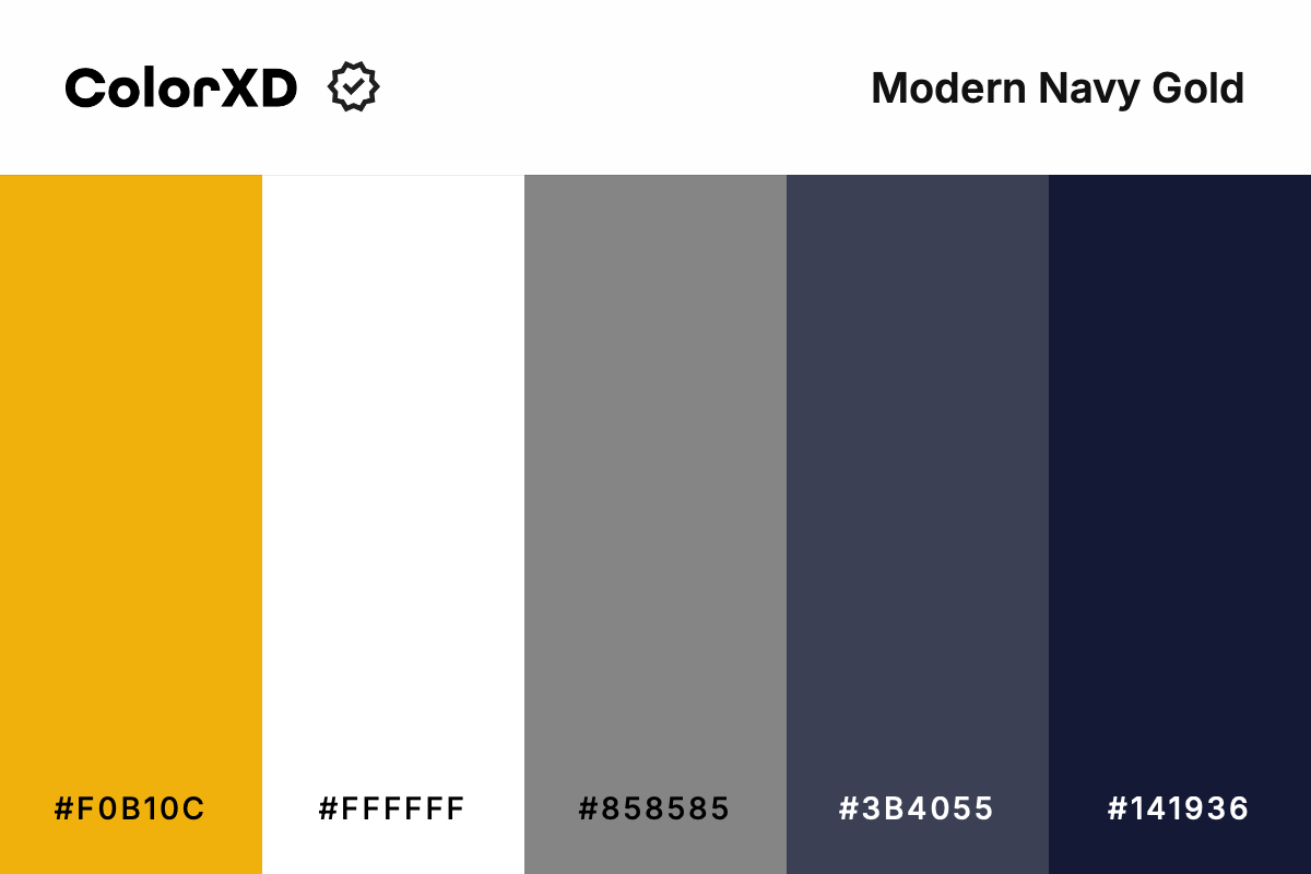 modern navy gold - Color Palette with hex codes: f0b10c, ffffff, 858585, 3b4055, 141936