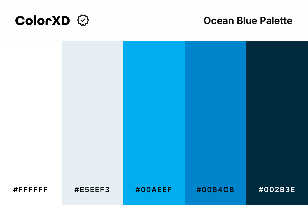 ocean blue palette - Color Palette with hex codes: ffffff, e5eef3, 00aeef, 0084cb, 002b3e