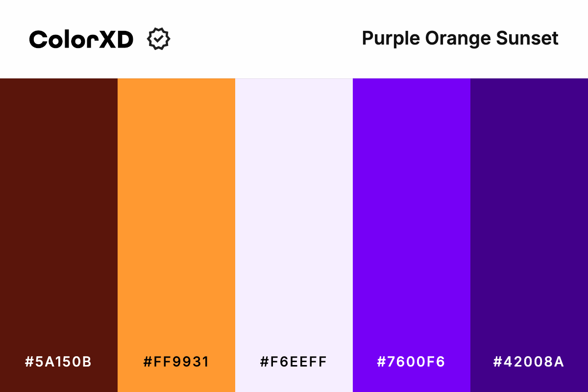 Purple Orange Sunset Color Palette - #5A150B, #FF9931, #F6EEFF, #7600F6, #42008A