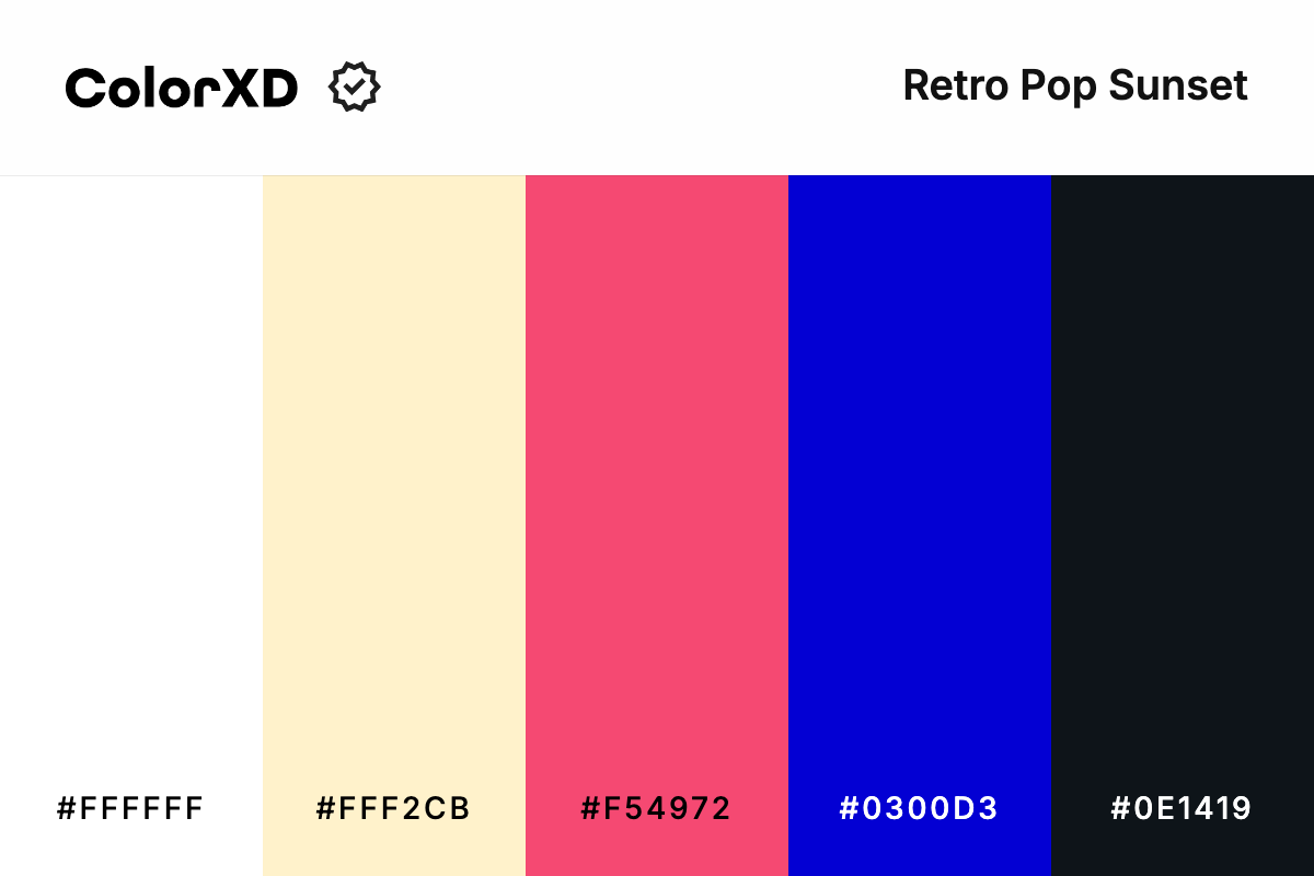 retro pop sunset - Color Palette with hex codes: ffffff, fff2cb, f54972, 0300d3, 0e1419