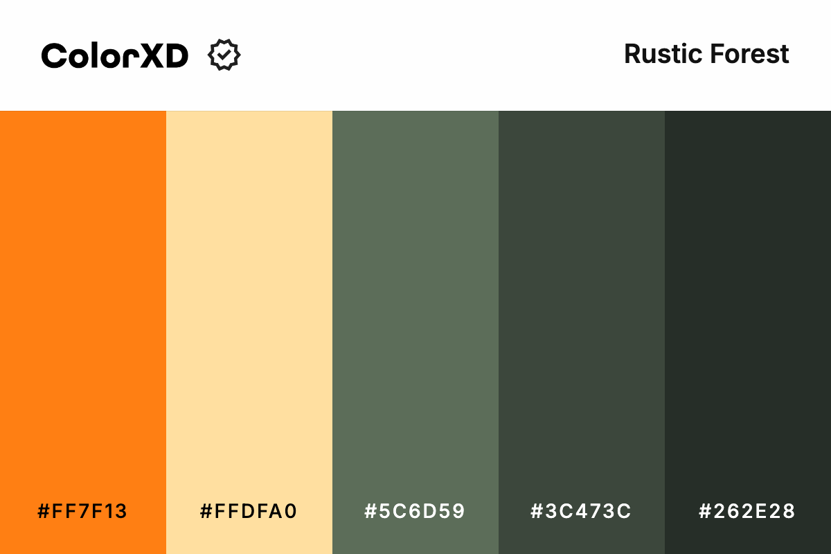 rustic forest - Color Palette with hex codes: ff7f13, ffdfa0, 5c6d59, 3c473c, 262e28