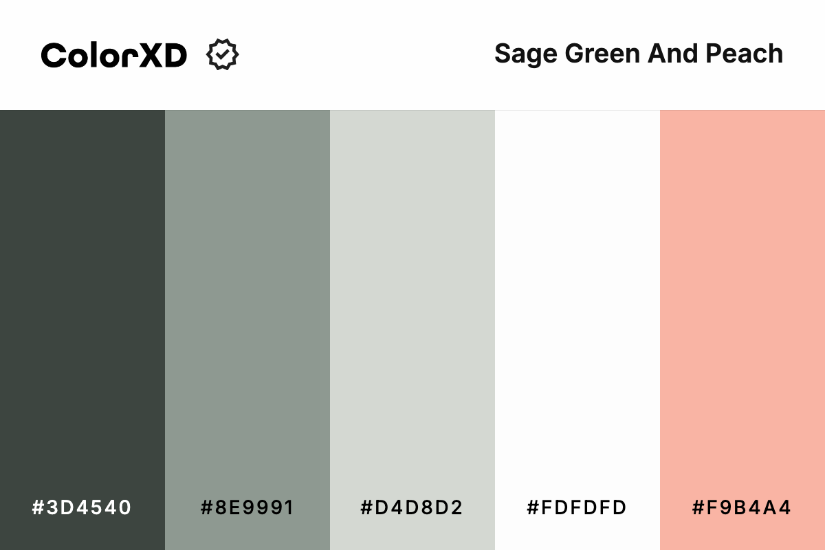 Sage Green And Peach Color Palette - #3D4540, #8E9991, #D4D8D2, #FDFDFD, #F9B4A4