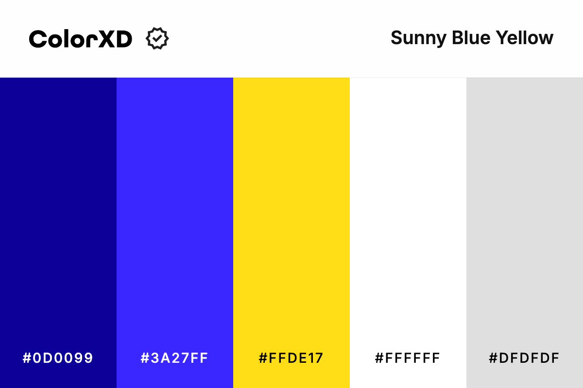 sunny blue yellow - Color Palette with hex codes: 0d0099, 3a27ff, ffde17, ffffff, dfdfdf