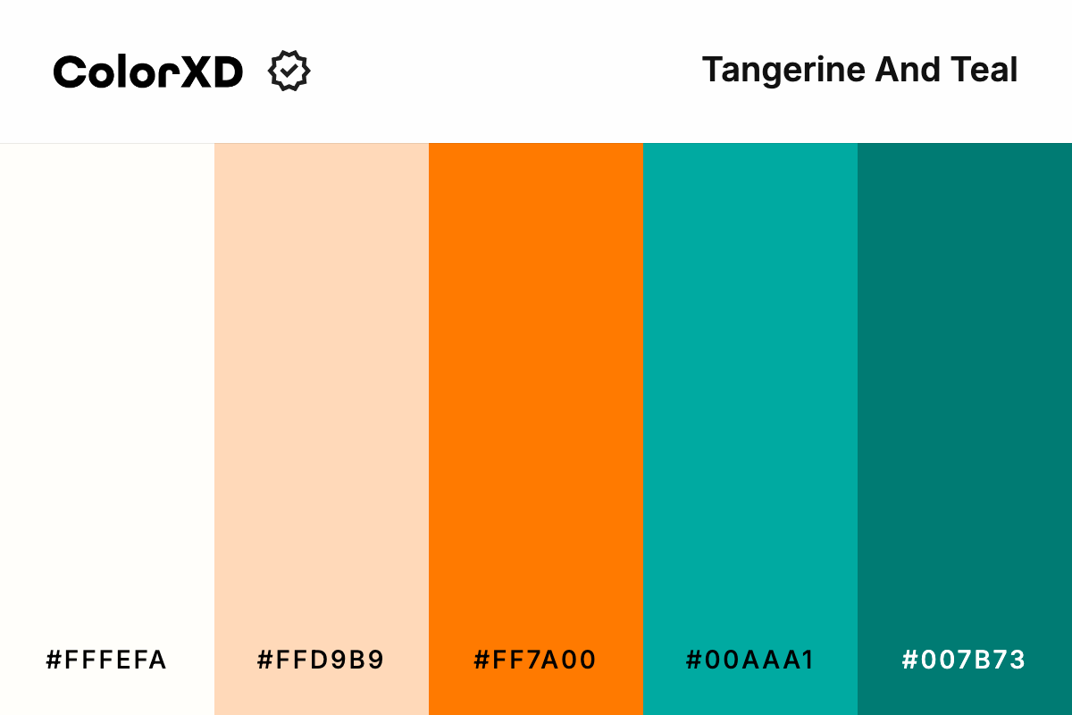 Tangerine And Teal Color Palette - #FFFEFA, #FFD9B9, #FF7A00, #00AAA1, #007B73