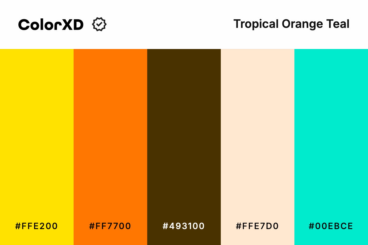 Tropical Orange Teal Color Palette - #FFE200, #FF7700, #493100, #FFE7D0, #00EBCE