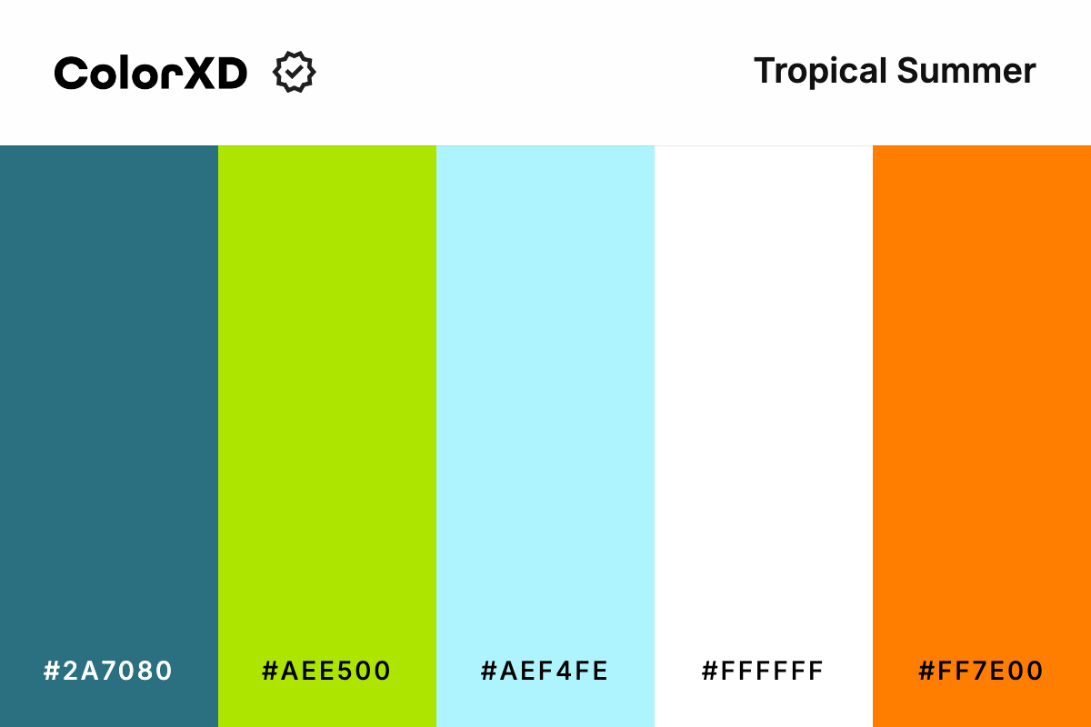 tropical summer - Color Palette with hex codes: 2a7080, aee500, aef4fe, ffffff, ff7e00
