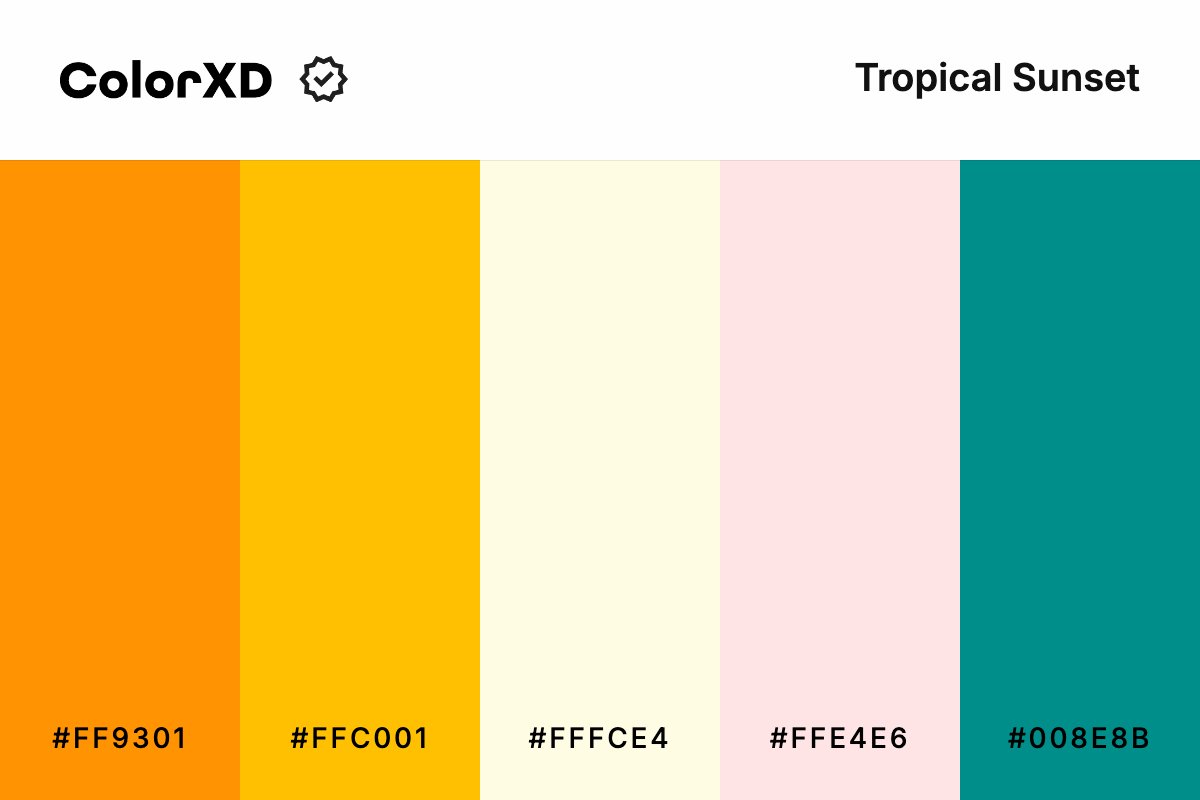 tropical sunset - Color Palette with hex codes: ff9301, ffc001, fffce4, ffe4e6, 008e8b