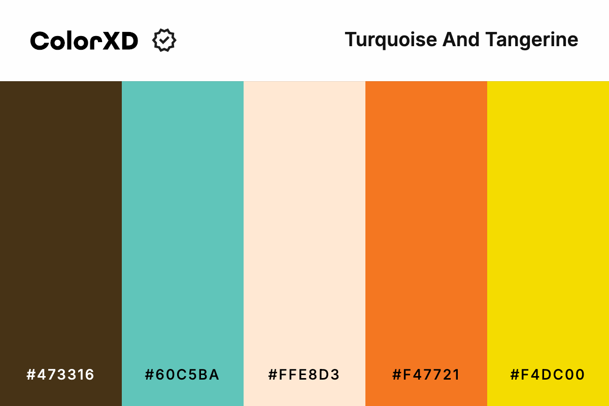 Turquoise And Tangerine Color Palette - #473316, #60C5BA, #FFE8D3, #F47721, #F4DC00