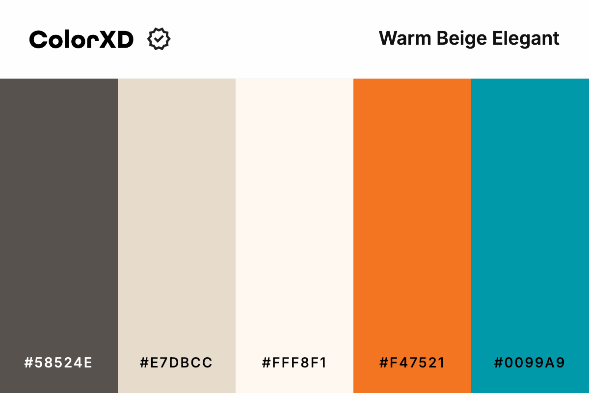 Warm Beige Elegant Color Palette - #58524E, #E7DBCC, #FFF8F1, #F47521, #0099A9