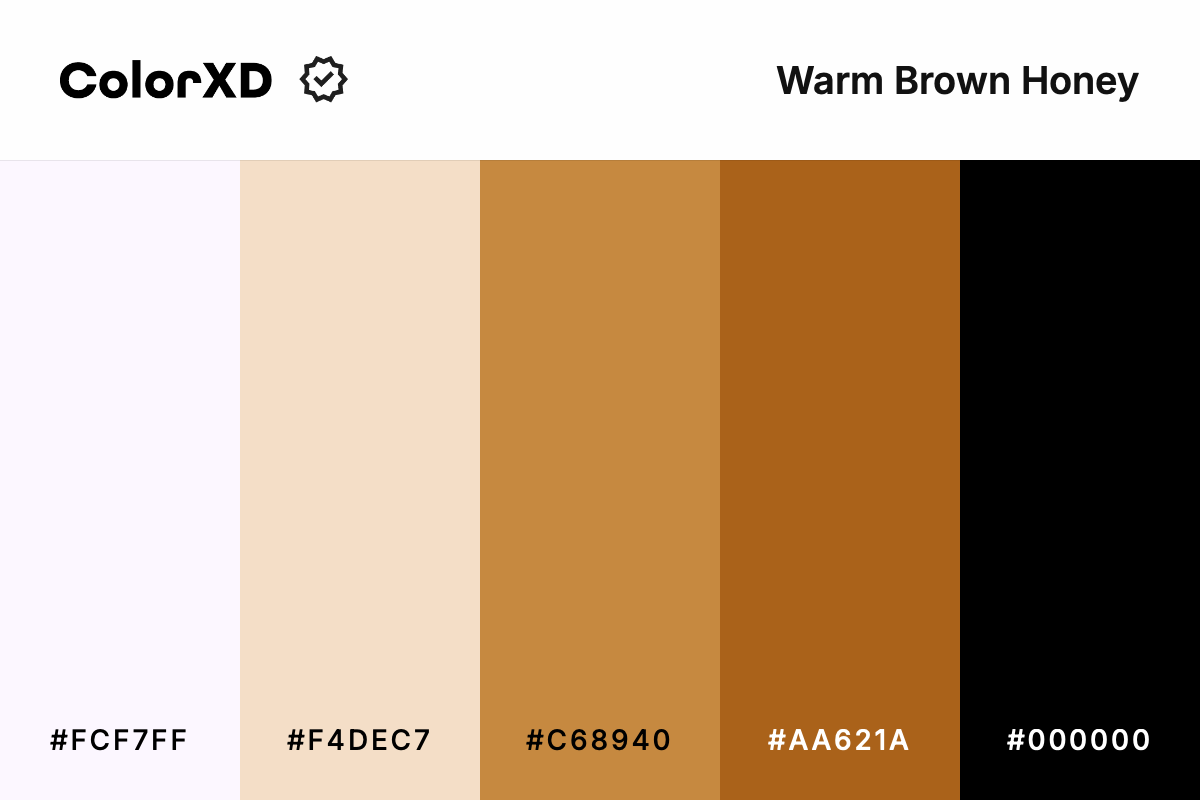 warm brown honey - Color Palette with hex codes: fcf7ff, f4dec7, c68940, aa621a, 000000