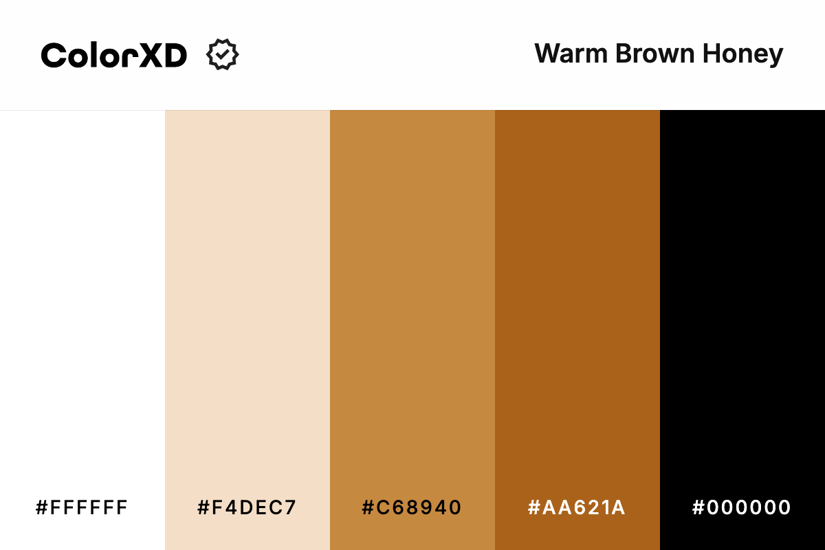 warm brown honey - Color Palette with hex codes: ffffff, f4dec7, c68940, aa621a, 000000