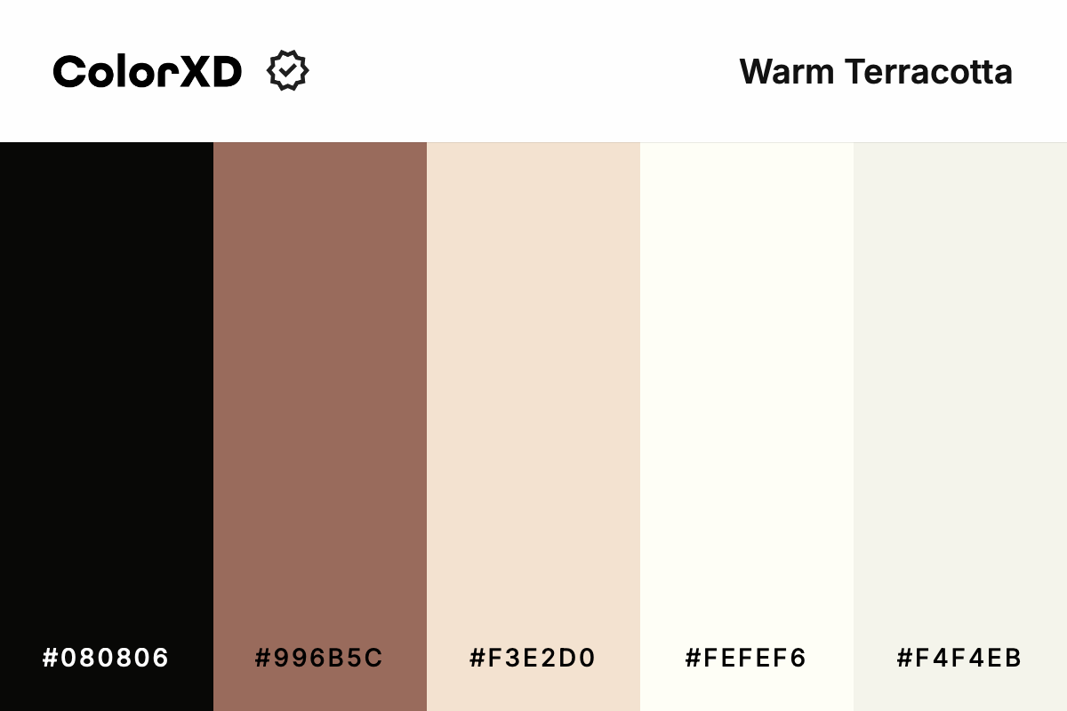 warm terracotta - Color Palette with hex codes: 080806, 996b5c, f3e2d0, fefef6, f4f4eb